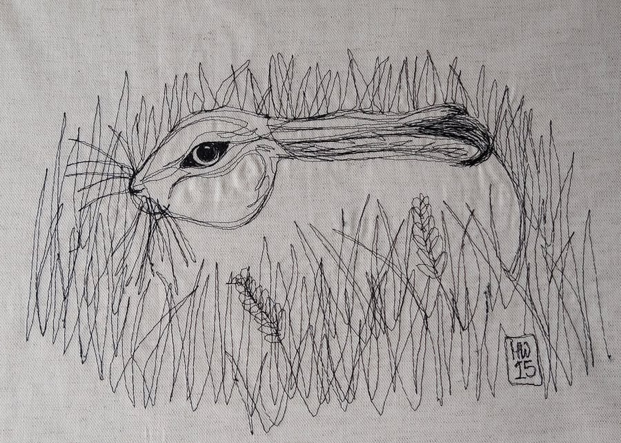 Hare in the Grass Embroidered Portrait