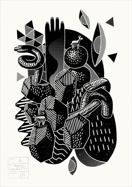 Happenings in Donkey World No.13 one-colour A3 linocut screen-print