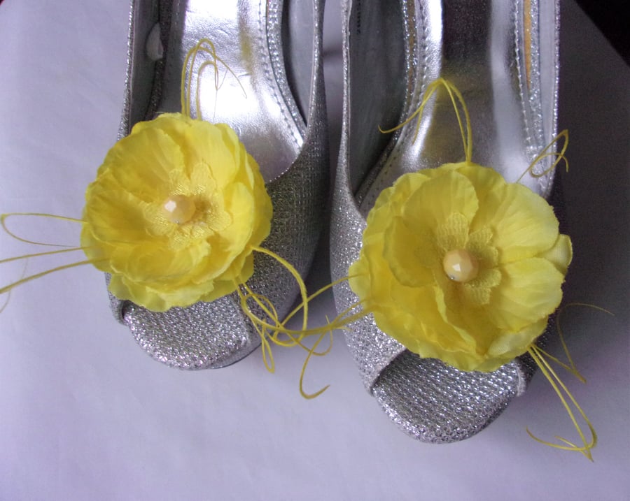 Bright Yellow Blossom Flower Feather & Crystal Wedding Shoe Clips