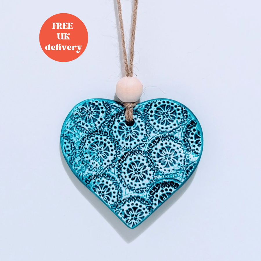 Turquoise clay heart embossed hanging decoration, gift for her 