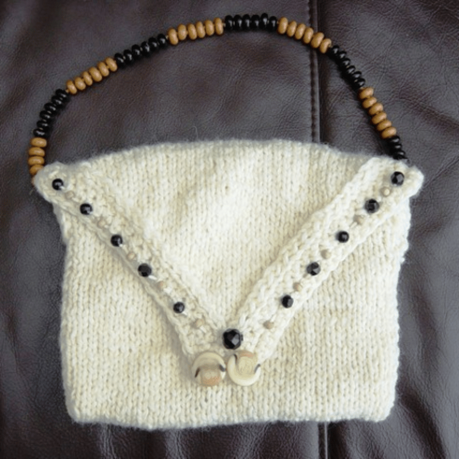 Pure Wool! Hand Knitted & Crocheted Handbag with Glass Bead Detail.