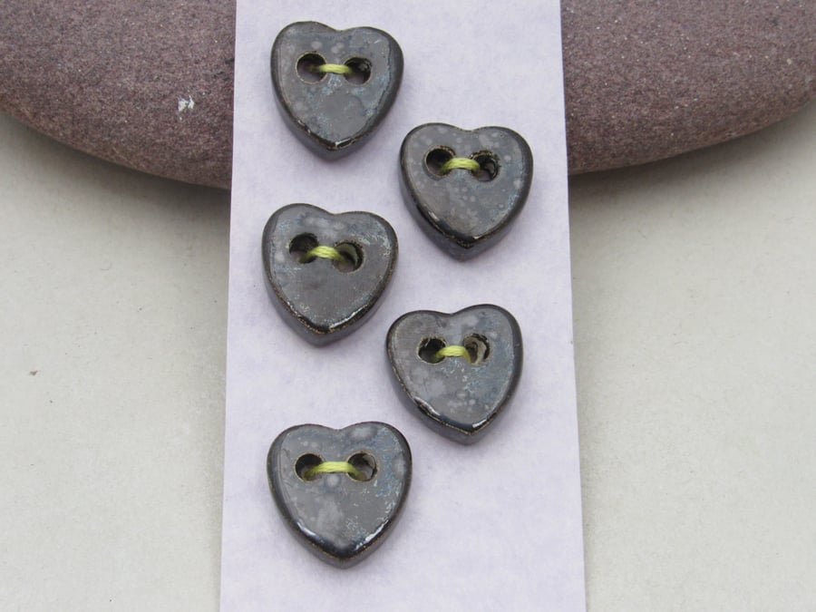 5 Small Heart Shaped Black Ice Handmade Ceramic Buttons