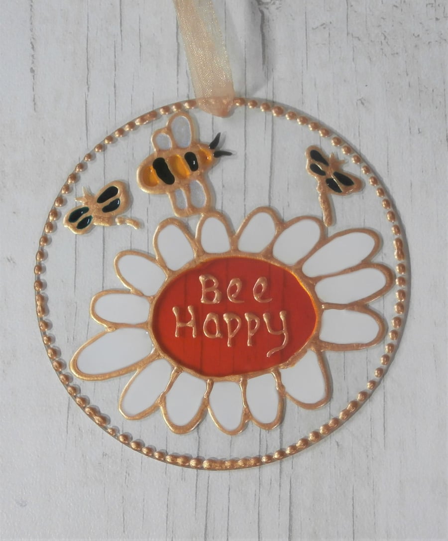 Hand painted Bee and Daisy sun catcher decoration. Bee Happy. Birthday.gift.