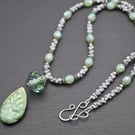 green ceramic and lampwork glass pendant necklace