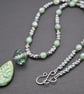 green ceramic and lampwork glass pendant necklace