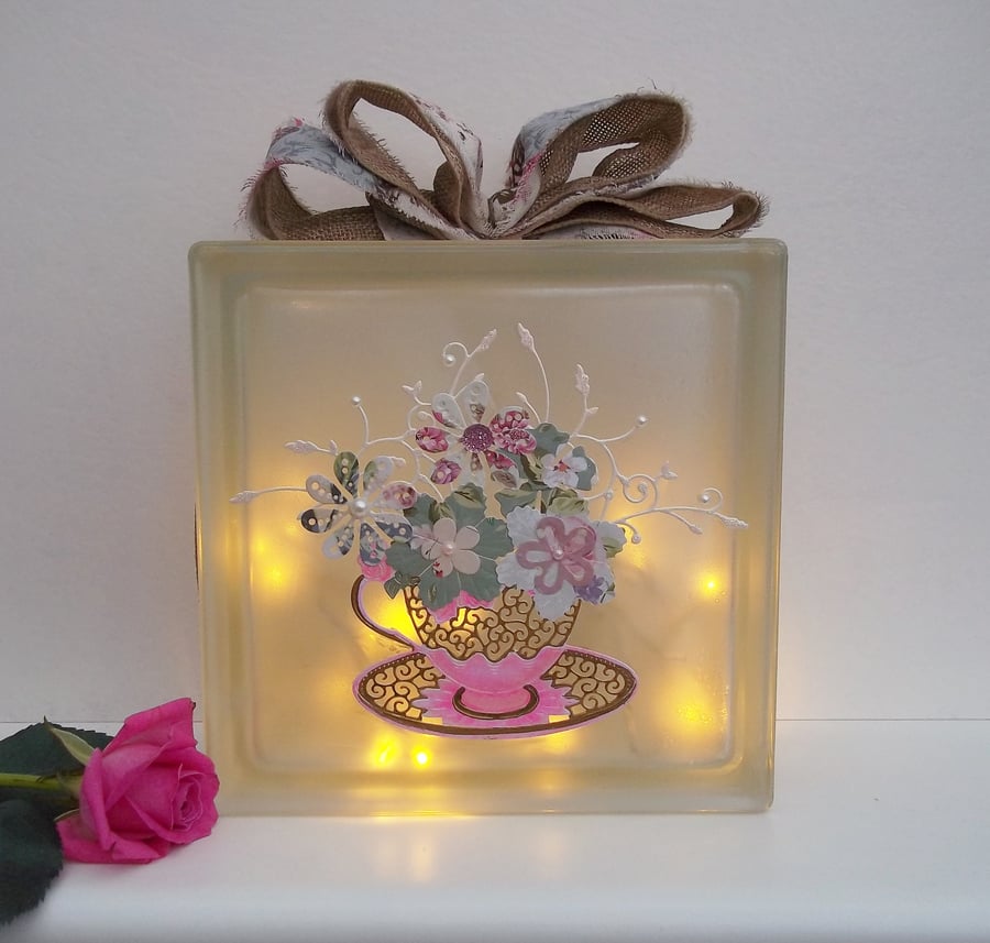 Floral Light, Shabby Chic Room Decor, Mothers Day Gift, Floral Glass Block Light