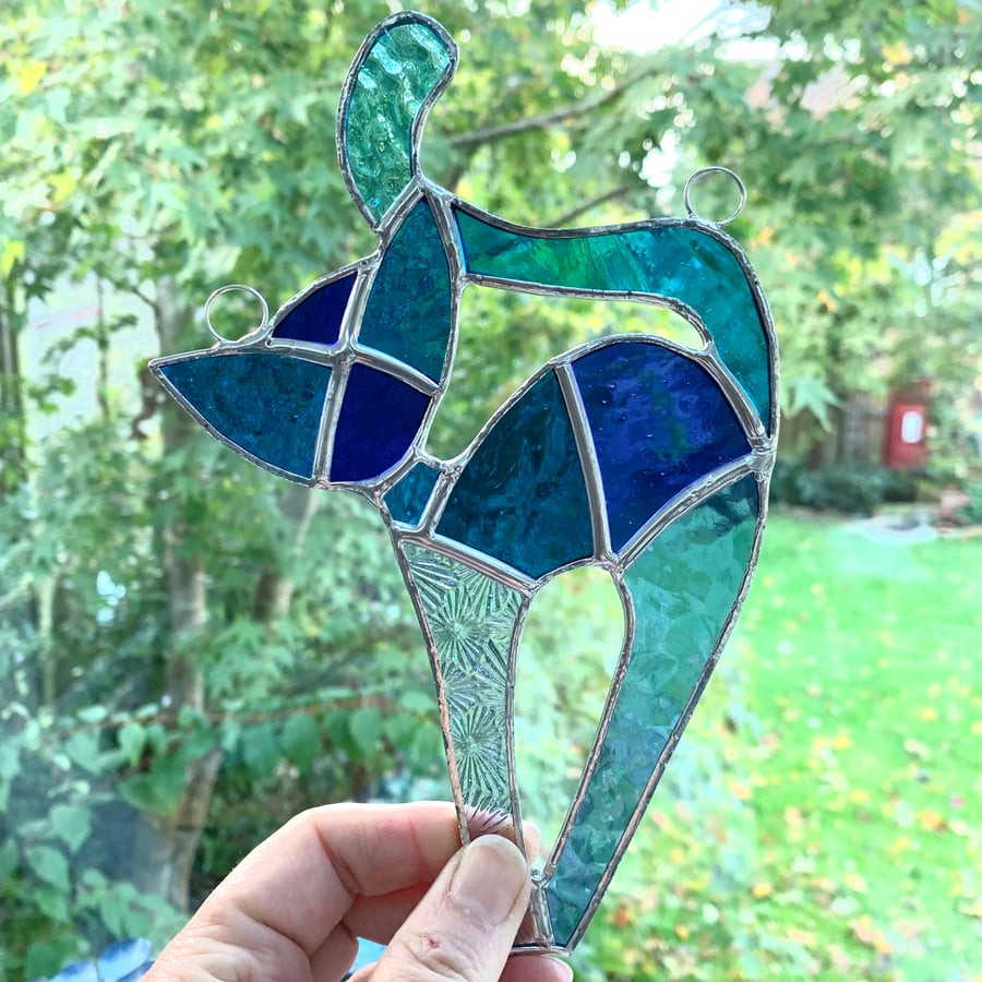 Stained Glass Patchwork Cat Suncatcher - Handmade Hanging Decoration - Blue Turq
