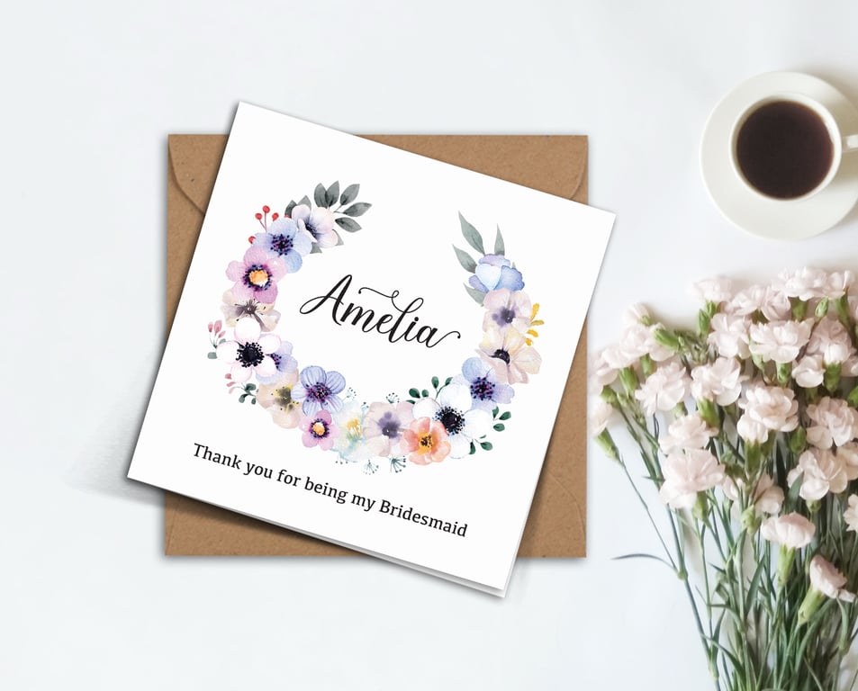 PERSONALISED pastel flowers green wreath Bridesmaid wedding invitation card