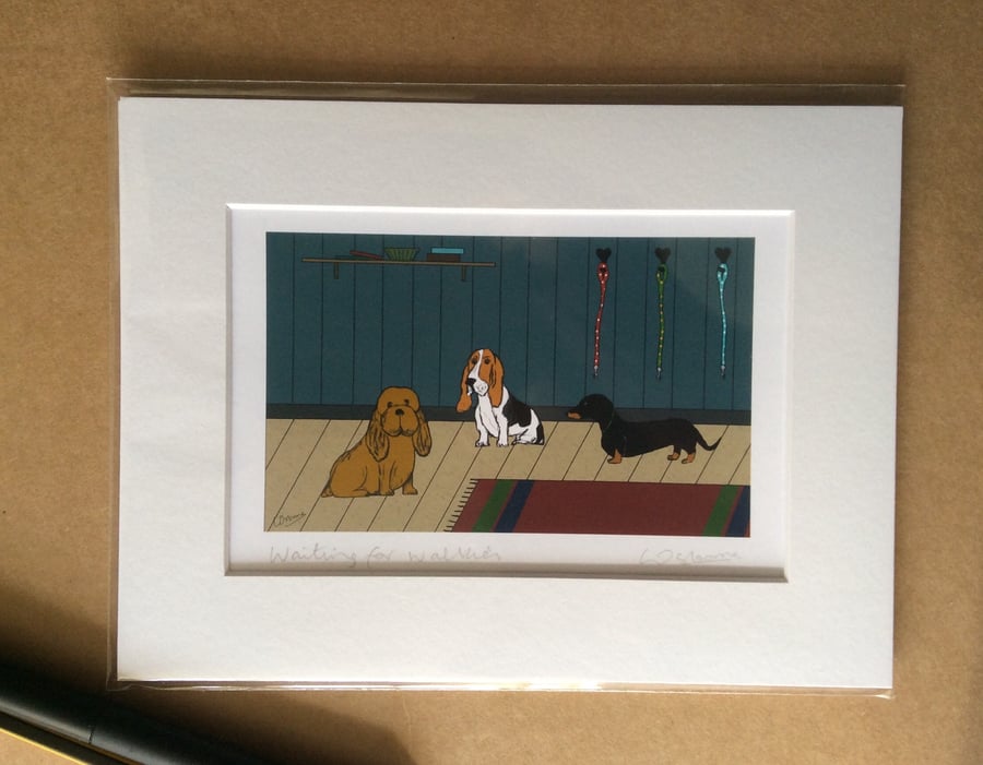 Waiting for walkies - print from digital illustration of dogs