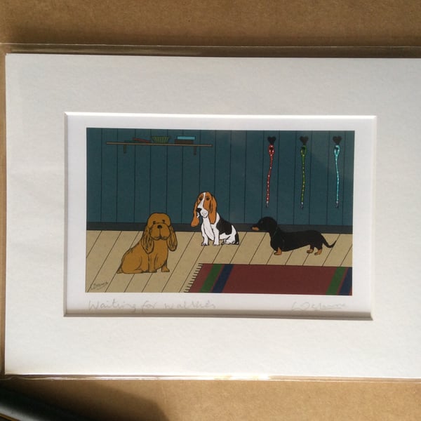 Waiting for walkies - print from digital illustration of dogs