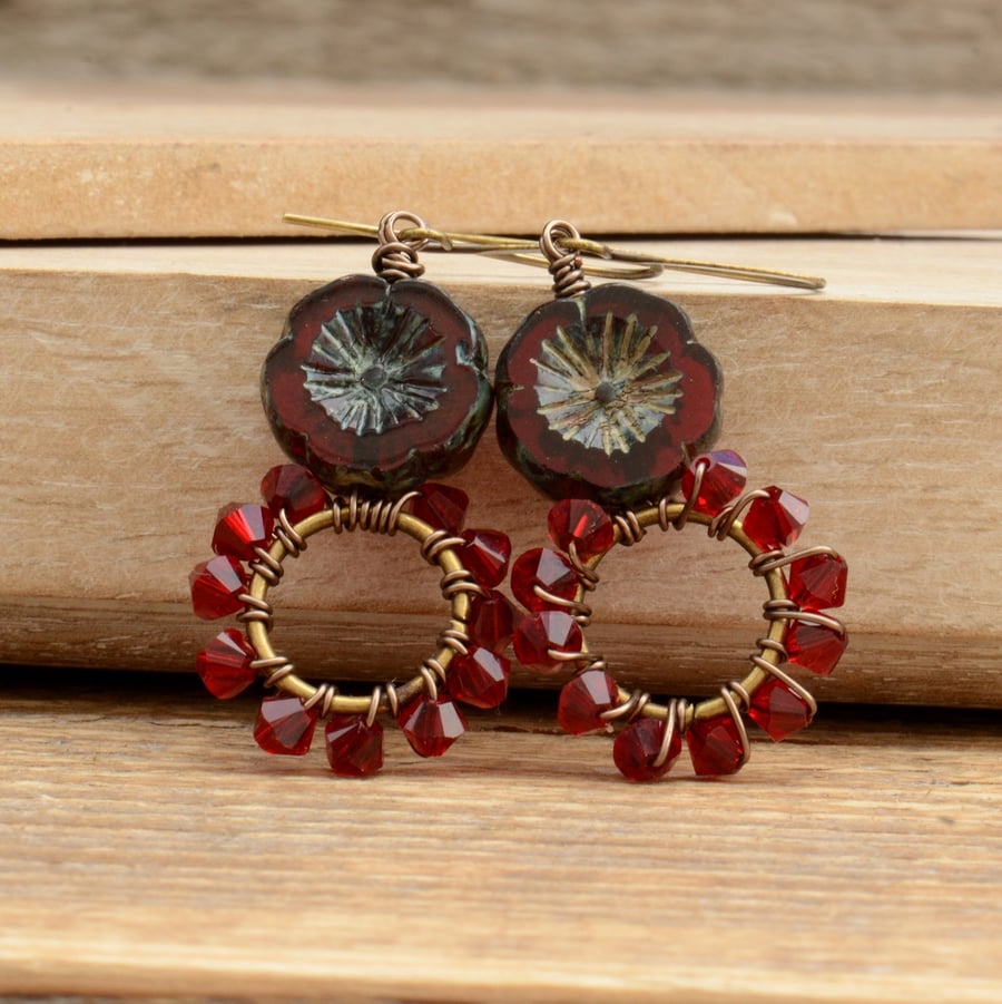 Dark Red Swarovski Crystal Bicone & Czech Glass Bead Earrings