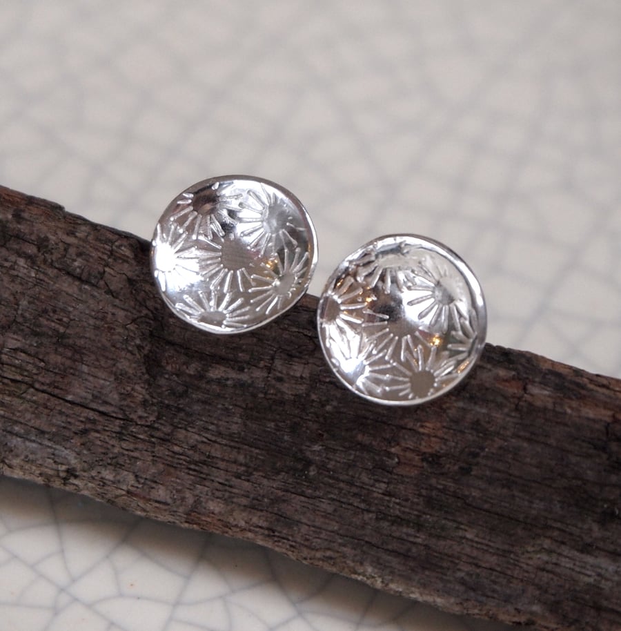 Silver Flower Stud Earrings, round silver earring studs