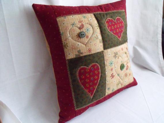 folk art autumnal patchwork cushion cover, primitive applique pillow slip