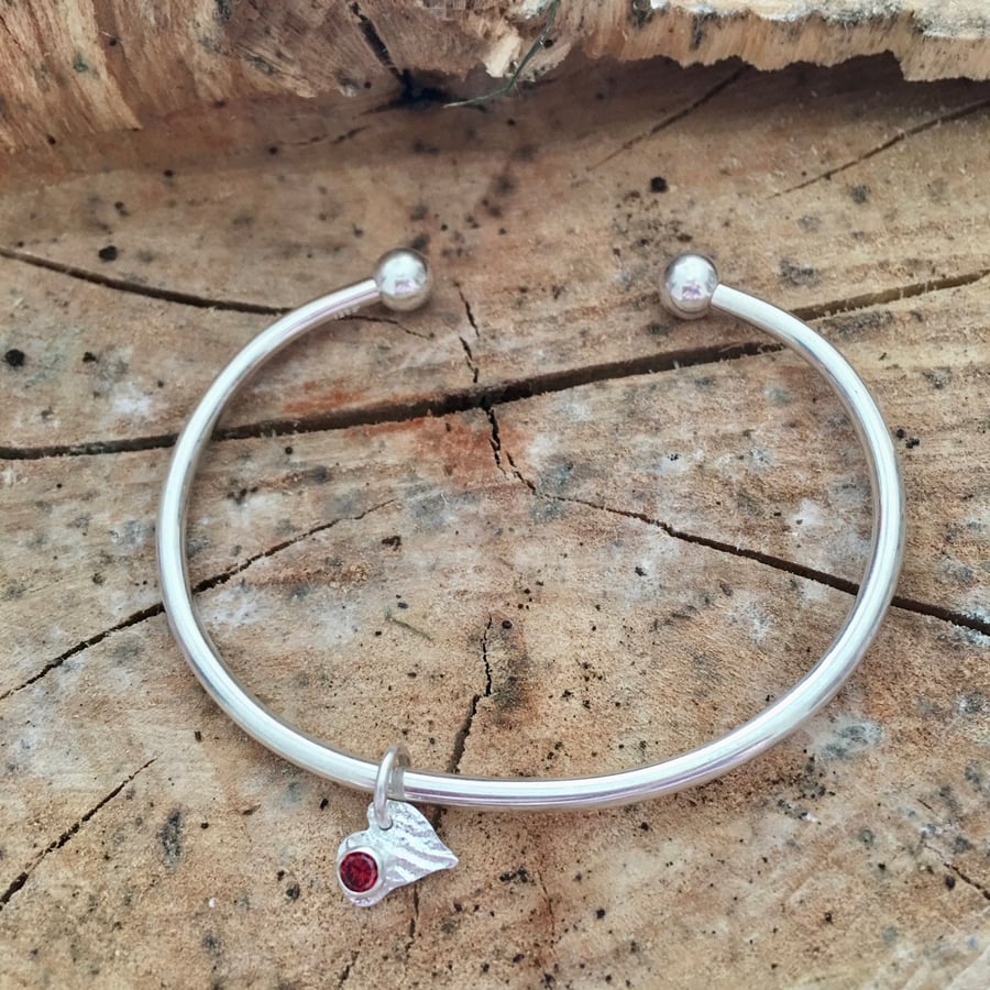 Silver Open Sterling Silver Bangle, Bracelet, Cuff. With Red Heart detail