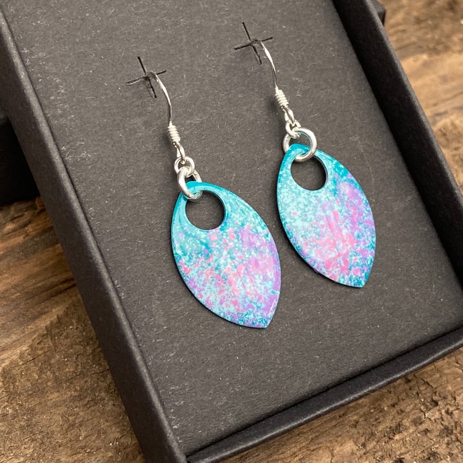Turquoise, pink and purple enamel scale earrings. Sterling silver. 