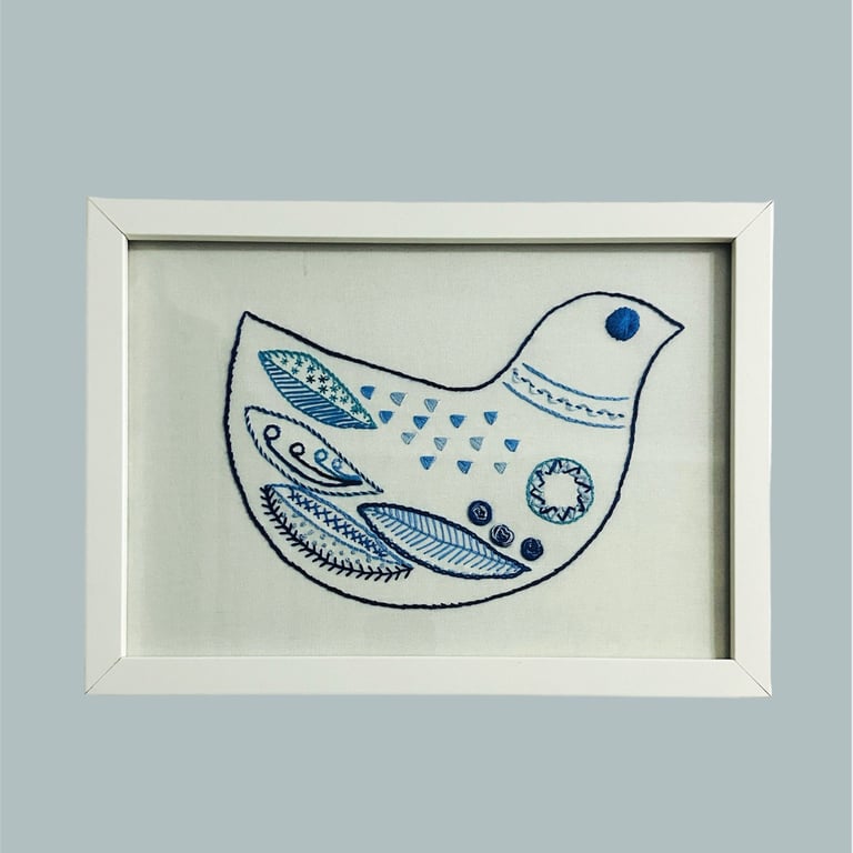 Hand embroidered picture, Scandi style Delph blues and white bird in white frame