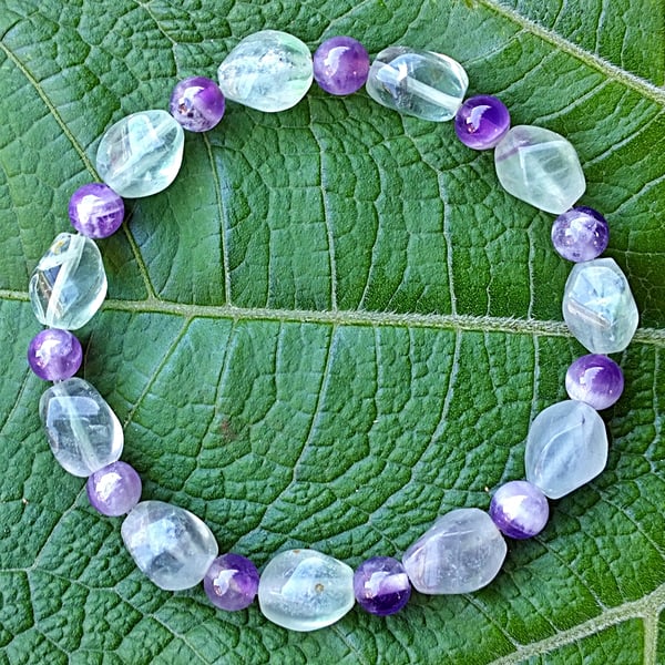 Stretchy Green Fluorite and Chevron Amethyst Bracelet