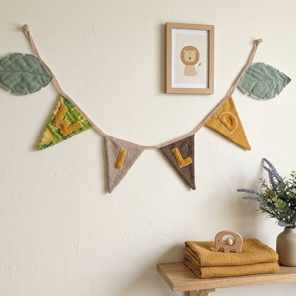 Wild Safari Name Garland - Quilted Leaf & Velour Heirloom Nursery Bunting