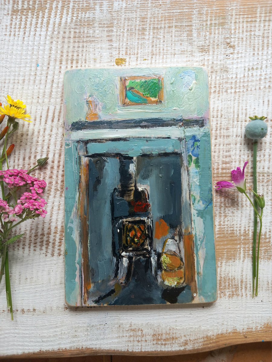 ' she lit the stove' small painting on reclaimed wood