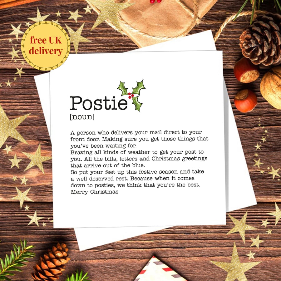 Postie Definition Christmas Card, Postman, Postwoman, 6" x 6”, blank inside