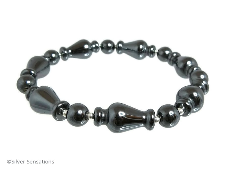 Chunky Grey Black Hematite Vase Beads & Sterling Silver Unisex Bracelet