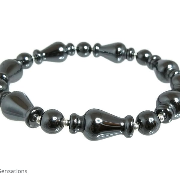 Chunky Grey Black Hematite Vase Beads & Sterling Silver Unisex Bracelet