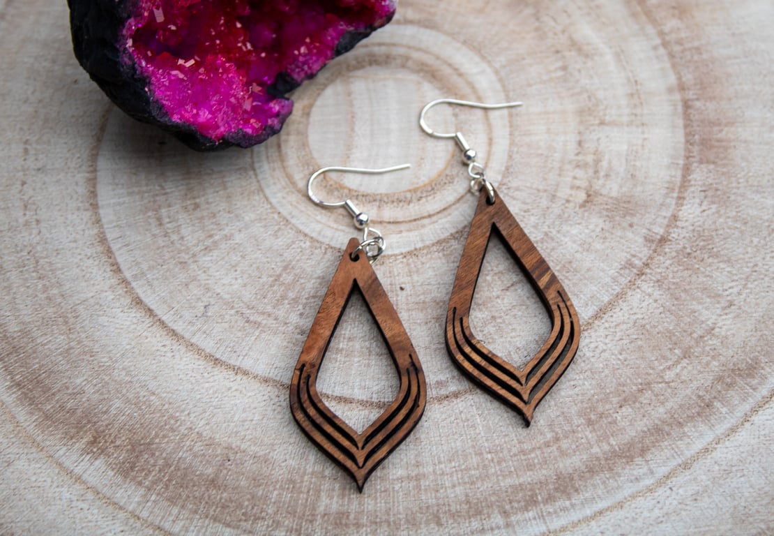 Handcrafted Exotic Wood Geometric Drop Earrings - Sterling Silver