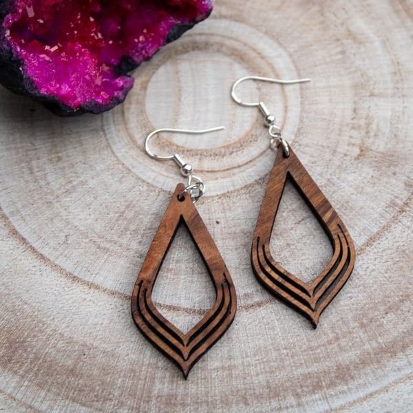 Handcrafted Olive Wood Geometric Drop Earrings - Sterling Silver