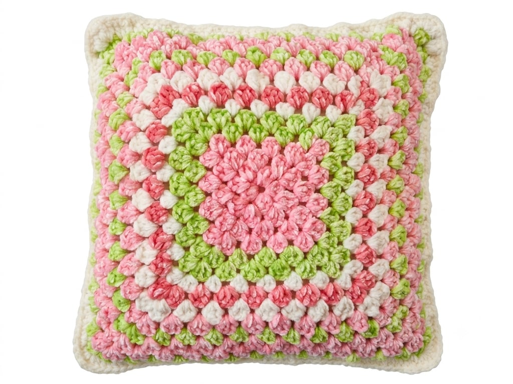 Strawberry Patch Crochet Cushion – Pink, Green & White Handmade Pillow