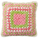 Strawberry Patch Crochet Cushion – Pink, Green & White Handmade Pillow