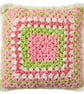 Strawberry Patch Crochet Cushion – Pink, Green & White Handmade Pillow