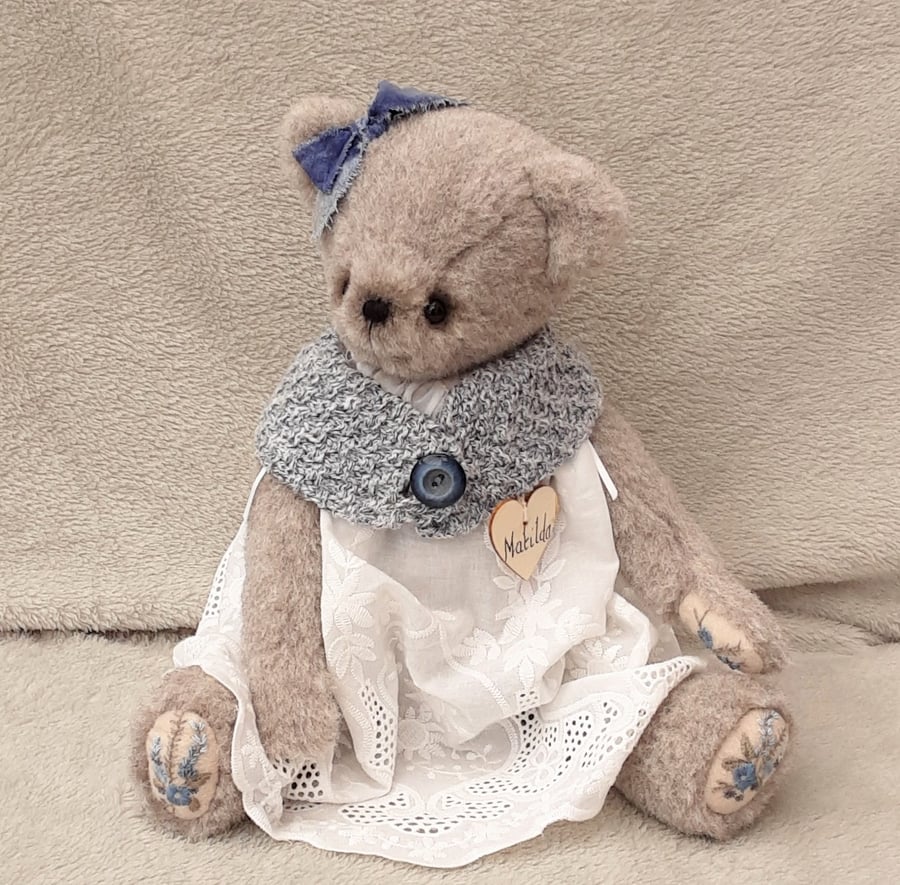 Dressed artist bear, one of a kind collectable embroidered alpaca teddy bear
