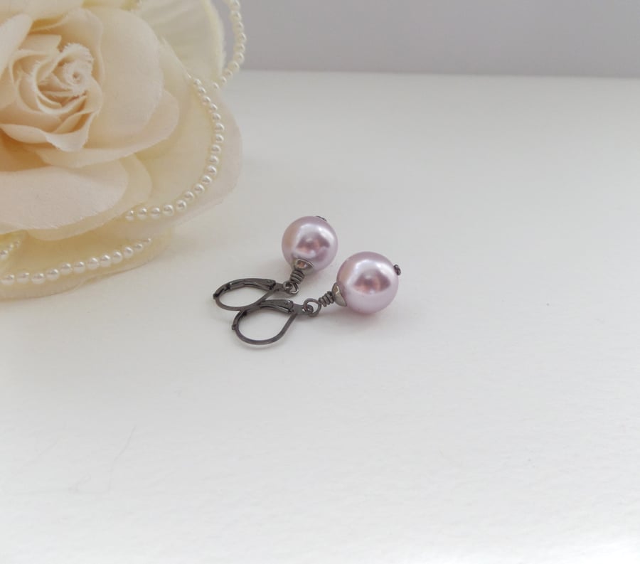 Large Pink Glass Pearl, Gunmetal Black French Fitting Earrings 