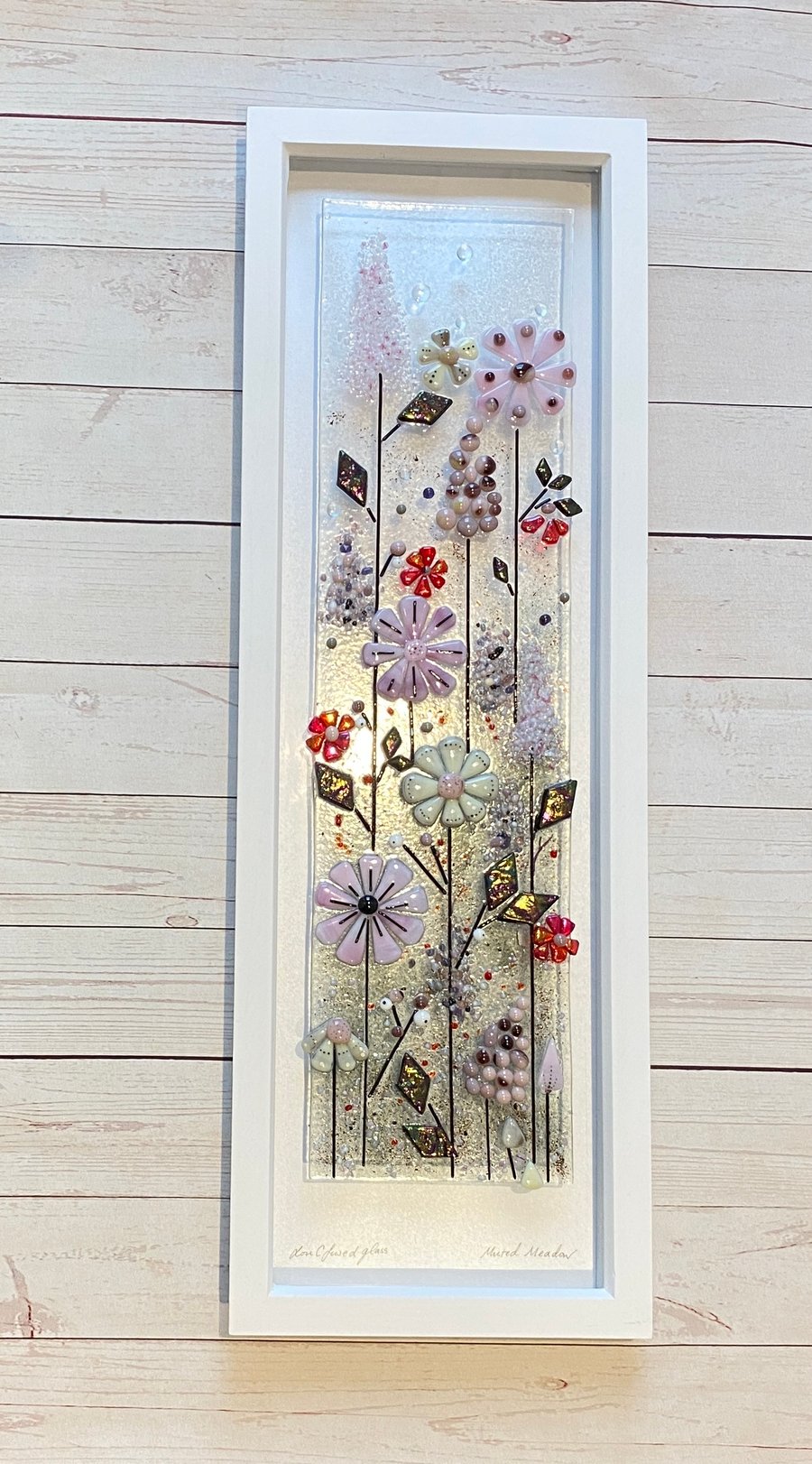 Long fused glass floral art picture- “muted meadow” 
