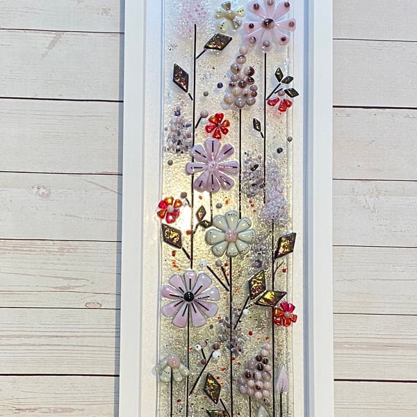 Long fused glass floral art picture- “muted meadow” 