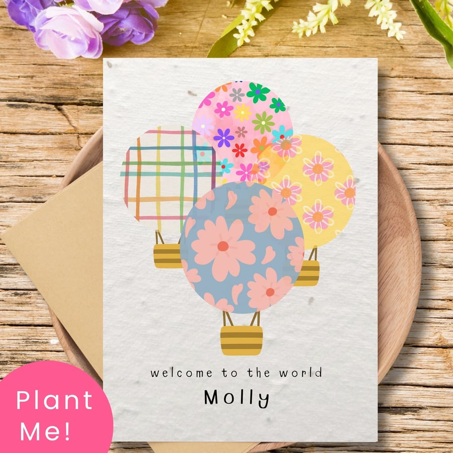 Personalised Plantable New Baby Card with Floral Hot Air Balloons, Handmade Card