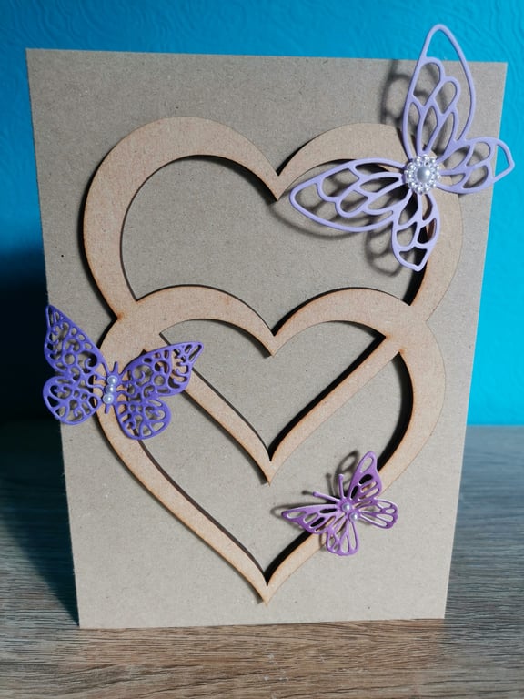 Purple butterfly double heart luxury handmade keepsake greeting card 