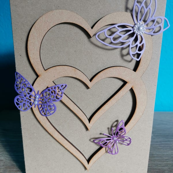 Purple butterfly double heart luxury handmade keepsake greeting card 