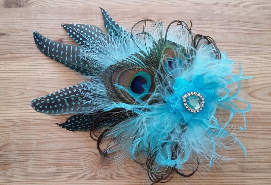 Pale Turquoise & Aqua Peacock Feather Rustic Fascinator Clip Headpiece