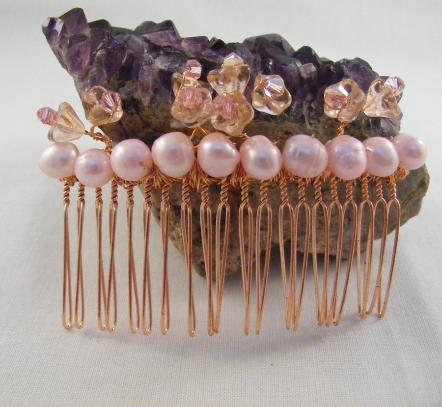 Rose Gold Freshwater Pearl and Flower Hair Comb