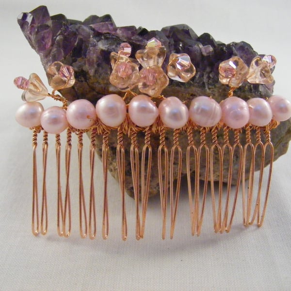 Rose Gold Freshwater Pearl and Flower Hair Comb