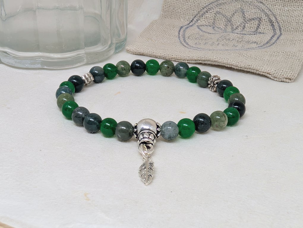 27 bead green agate mala elastic bracelet with feather charm