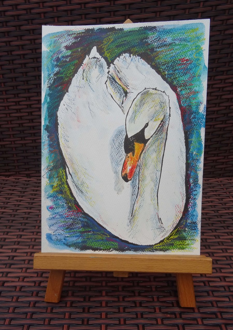 Swan Swim Art Watercolour & Ink Original Animal Painting 