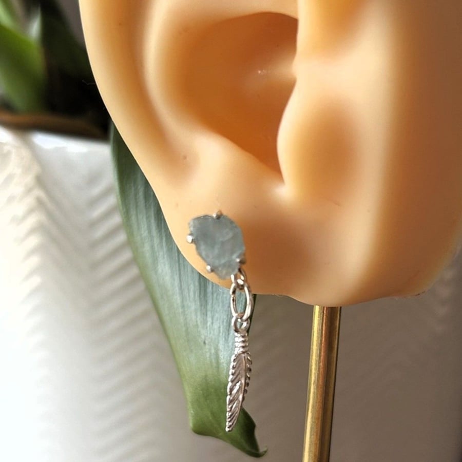 Aquamarine crystal with silver feather earrings