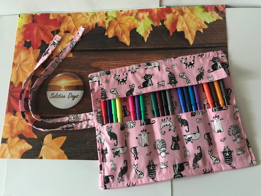 Handmade Pink cat roll up pencil case for kids, cats cotton fabric 