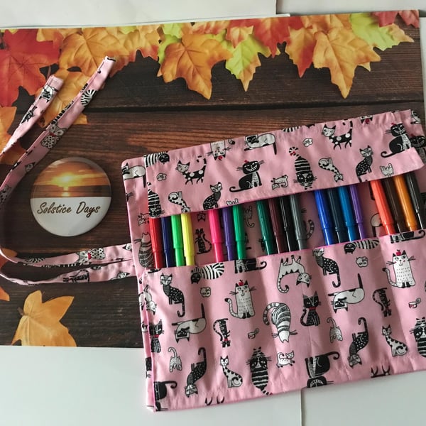 Handmade Pink cat roll up pencil case for kids, cats cotton fabric 