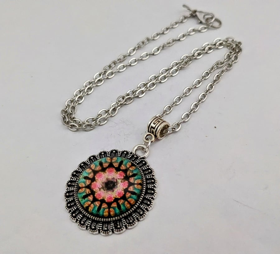 Multi coloured mandala pendant necklace
