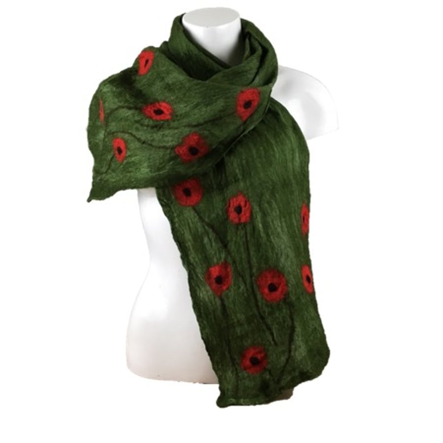 Merino wool scarf, nuno felted on silk, green with poppy design