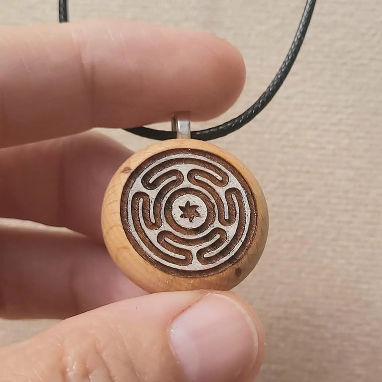 Hecate’s Wheel Pendant – Laser Engraved Beechwood Necklace 