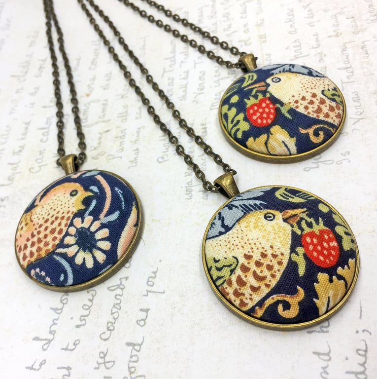 Strawberry Thief pattern fabric button pendant William Morris design in blue